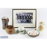 Golf Ceramic Collectables to include RN golf club Balls patent tobacco jar (repairs to lid) Sporting