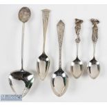 5x Large Hallmarked Silver Golfing Spoons - inc Arts & Crafts style Royal Blackheath, engraved St