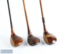 3x Left Handed Woods to incl W Cunningham of Edinburgh large stripe top driver, t/w a bulldog baffie