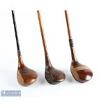 3x Left Handed Woods to incl W Cunningham of Edinburgh large stripe top driver, t/w a bulldog baffie