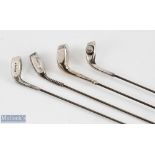 4x Silver Golfing Hat Pins - each terminal moulded as a golf club head, one having golf ball to