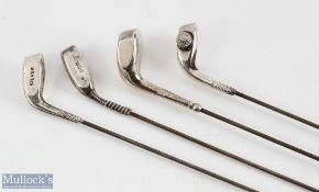 4x Silver Golfing Hat Pins - each terminal moulded as a golf club head, one having golf ball to