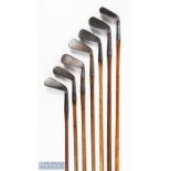 7x Assorted Irons to incl Smiths model anti-shank mashie, Harrods of London iron, T Simpson of St