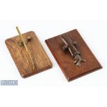 2x Golf Themed Office Deck Memo Holders, bother made of brass on oak base #4" x 6"