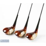 3x Matching MacGregor Tourney MT persimmon woods Nos 2, 3 and 4 with aluminium face inserts