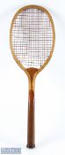 Horton Wooden Tennis Racket, has an indistinct maker's mark, Wotton under Edge, with leather butt