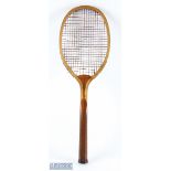 Horton Wooden Tennis Racket, has an indistinct maker's mark, Wotton under Edge, with leather butt