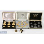 A Collection of Golf Club Buttons 3 set with cases and 2 loose, Gallery of London set of 6 plus 2