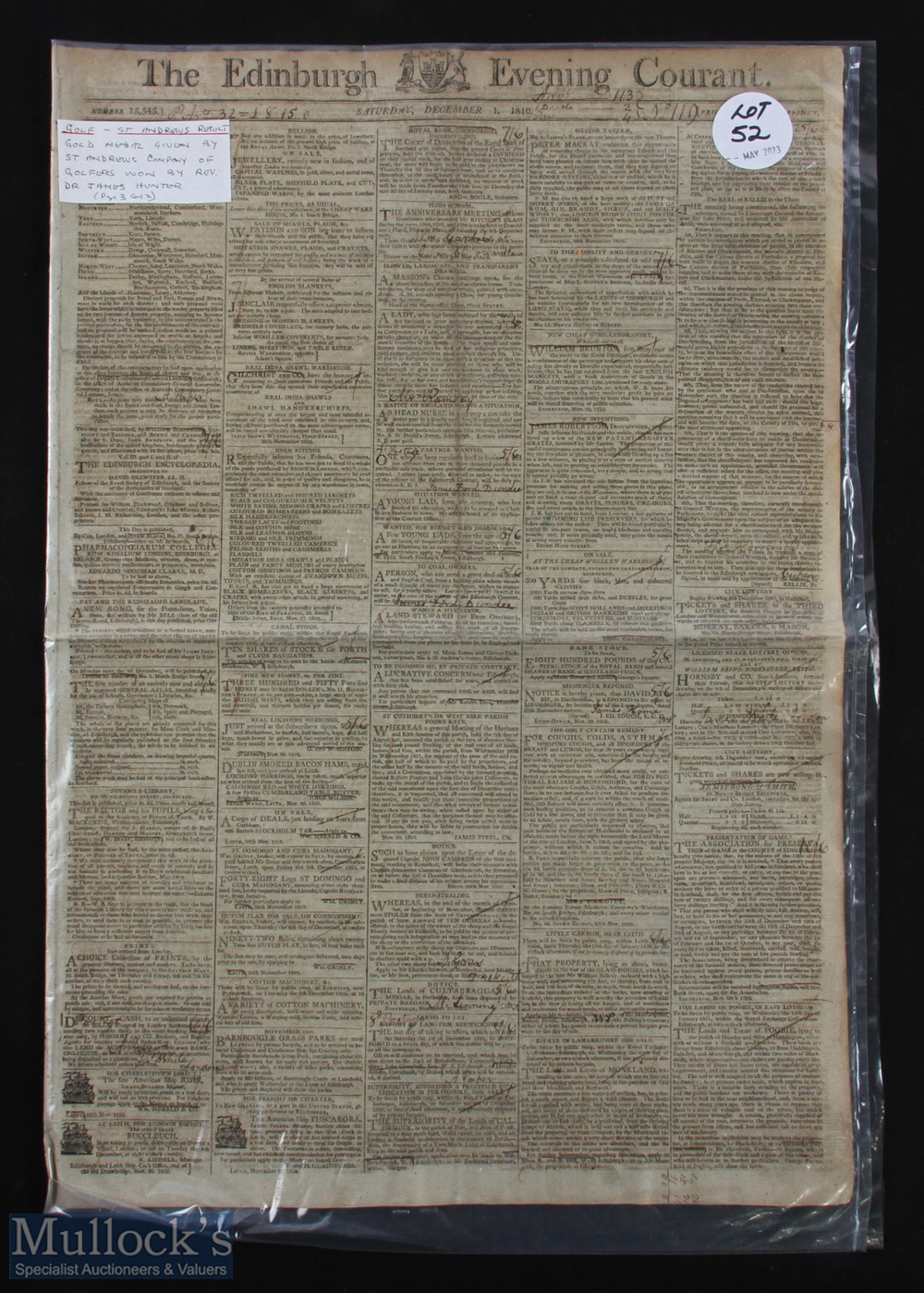 1810 The Edinburgh Evening Courant Newspaper St Andrews Golfing Announcement - dated Saturday