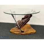 Golf Themed Glass Toped Coffee Table - a bevelled edges glass top resting on a set of golf clubs,