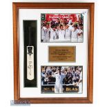2005 England Ashes Cricket Display, with a signed miniature cricket bat, and photographs, the bat is