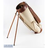 Sun Mountain leather and canvas Golf Bag with wooden hinged legs, padded leather shoulder strap