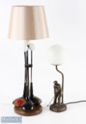 2 x Golf Themed Lamp Bases, a bronze effect golf figure with golf ball domed glass shade 17" tall