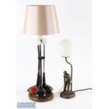 2 x Golf Themed Lamp Bases, a bronze effect golf figure with golf ball domed glass shade 17" tall