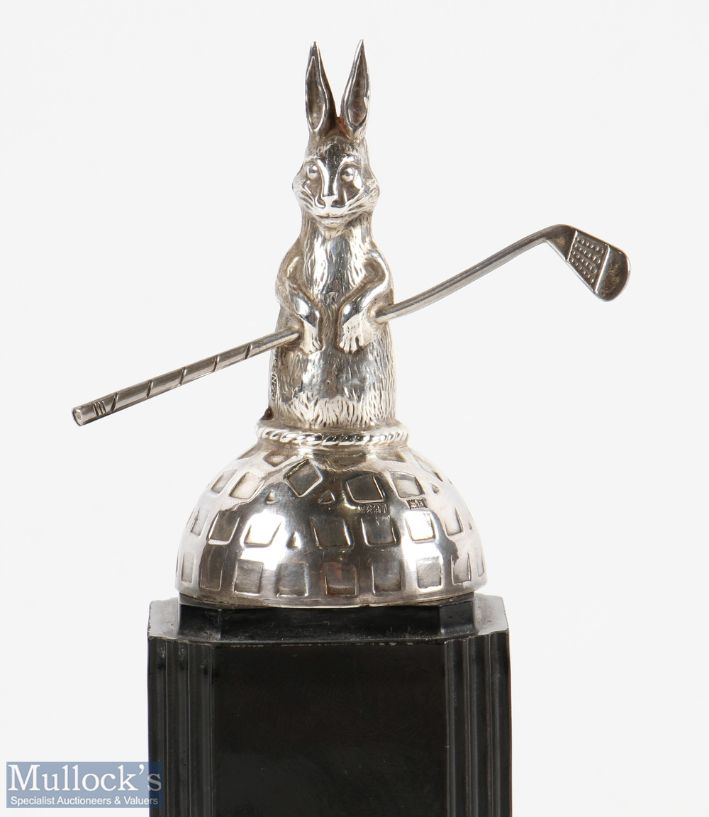 Hallmarked Silver Rabbit Golf Trophy / Statue modelled as a double sided standing rabbit holding a - Image 2 of 2