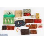 Collection of Vintage Wooden Golf Tees + leather golf tee wallets to include a tartan golf purse,