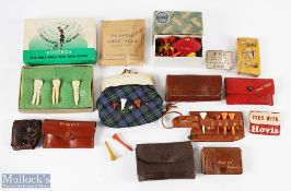 Collection of Vintage Wooden Golf Tees + leather golf tee wallets to include a tartan golf purse,