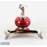 Silver Plated Desk Stand Ink Well silver plated stand with mid swing golfer, all on 3 feet, with a