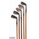 5x Maxwell flanged sole model irons incl Finnigans superior cleek, Halleys cross sword driving iron,