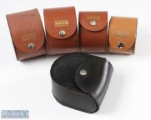 5x Leather reel cases all with button clips, Aiken, one unnamed 2x 4 1/2" dia, 1x4" dia, 1x 3 1/2"