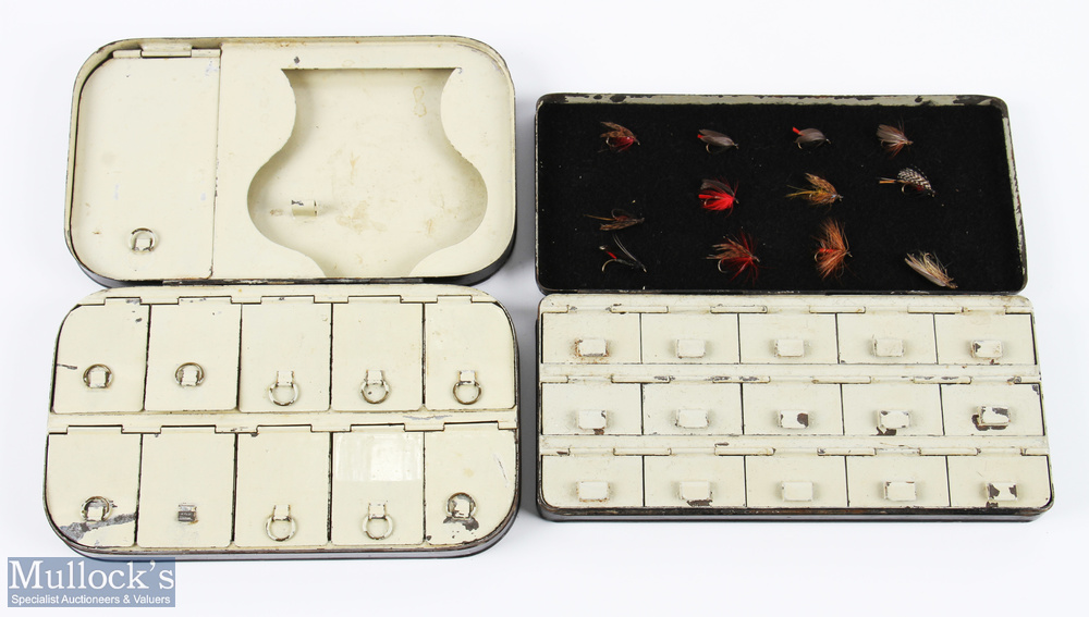 A fine pair of unnamed black japanned fly tins comprising 1x 6 1/2" x 3" with 15 metal lidded - Image 2 of 2