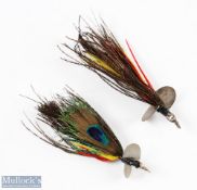 2x Wyers Freres, Paris fixed vane fishing lures measures 2" and 2 1/2" approx., with Peacock herl,