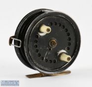 S Allcock & Co Redditch "The Easicast" reel, 4" wide spool, centre latch, twin white handles, milled