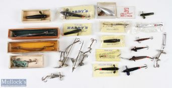 A selection of artificial baits, to include - 14x hairy spinners; 1x Hardy cased 1oz casting weight;