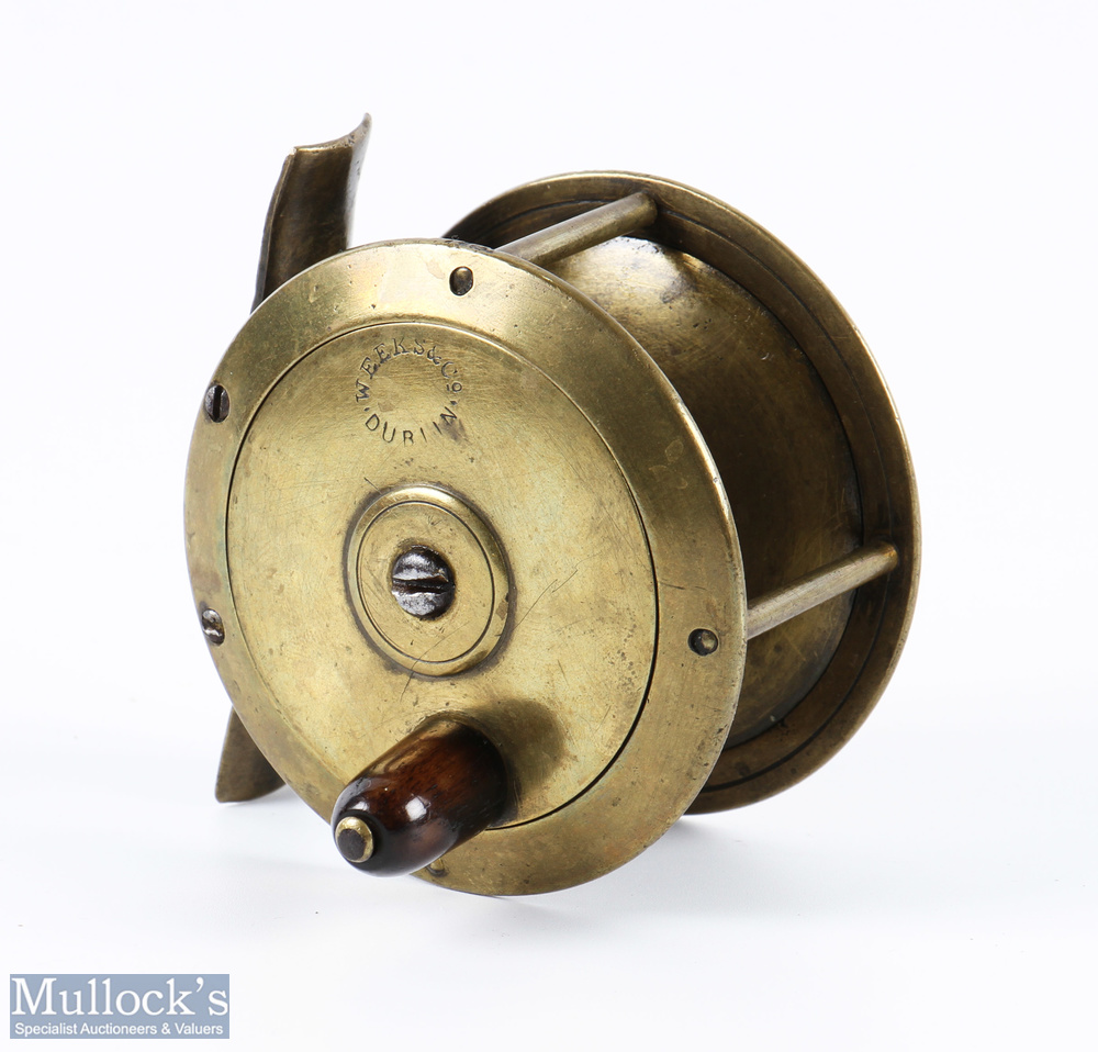 Weeks (Weekes) & Co, Dublin 3" brass fly reel, stamped oval makers marks to face plate, horn handle,