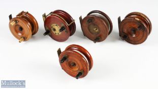 5x mahogany and brass star back reels, made up of: 1x 3 1/2" twin handles on brass mounts, Slater