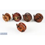 5x mahogany and brass star back reels, made up of: 1x 3 1/2" twin handles on brass mounts, Slater