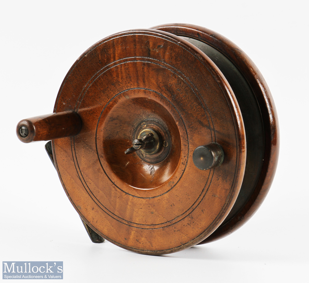 Large 7" unnamed 'Diamondback' brass and wood reel with counter balance, on/off check, brass rear