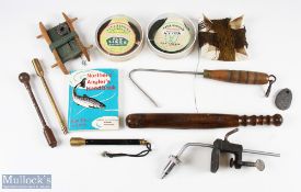 A collection of fishing items - 4x priests; 1x hand gaff; 1x 'C' clamp vise; 1x wood hand line; 1x