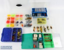 Collection of 7x boxes with artificial baits and hooks to include Abu, Tobys, Shakespeare, Mepps