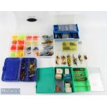 Collection of 7x boxes with artificial baits and hooks to include Abu, Tobys, Shakespeare, Mepps