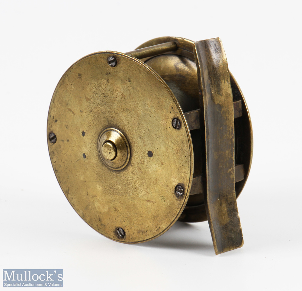 Weeks (Weekes) & Co, Dublin 3" brass fly reel, stamped oval makers marks to face plate, horn handle, - Image 2 of 2