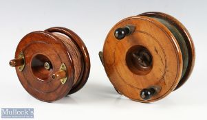 A large star back mahogany and brass reel, 5 7/8" wide spool with twin brass mounted handles, on/off