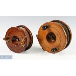 A large star back mahogany and brass reel, 5 7/8" wide spool with twin brass mounted handles, on/off