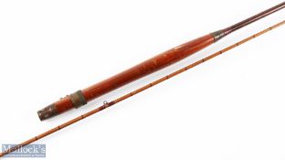 Hardy Alnwick whole cane/split cane fly rod, 9' 2pc shaped wood handle with brass sliding reel