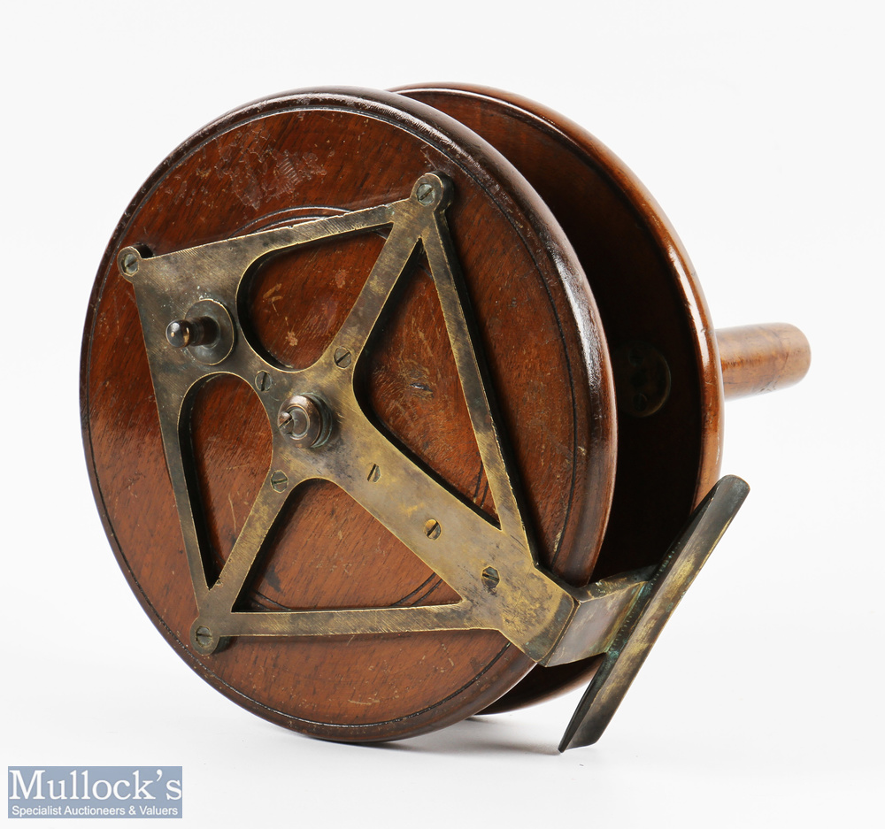 Large 7" unnamed 'Diamondback' brass and wood reel with counter balance, on/off check, brass rear - Image 2 of 2