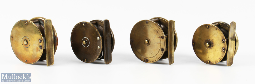 4x small unnamed traditional solid brass fly reels, 1x 2 1/4" plate wind, retaining much of its - Image 2 of 2