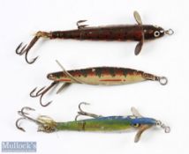Hardy Bros Spinning lures (3) features 4" brown phantom, 3" fly minnow and another 3 1/2" lure,