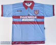 1995/97 West Ham United away football shirt in blue, with collar, Pony / Dagenham Motors, size L,