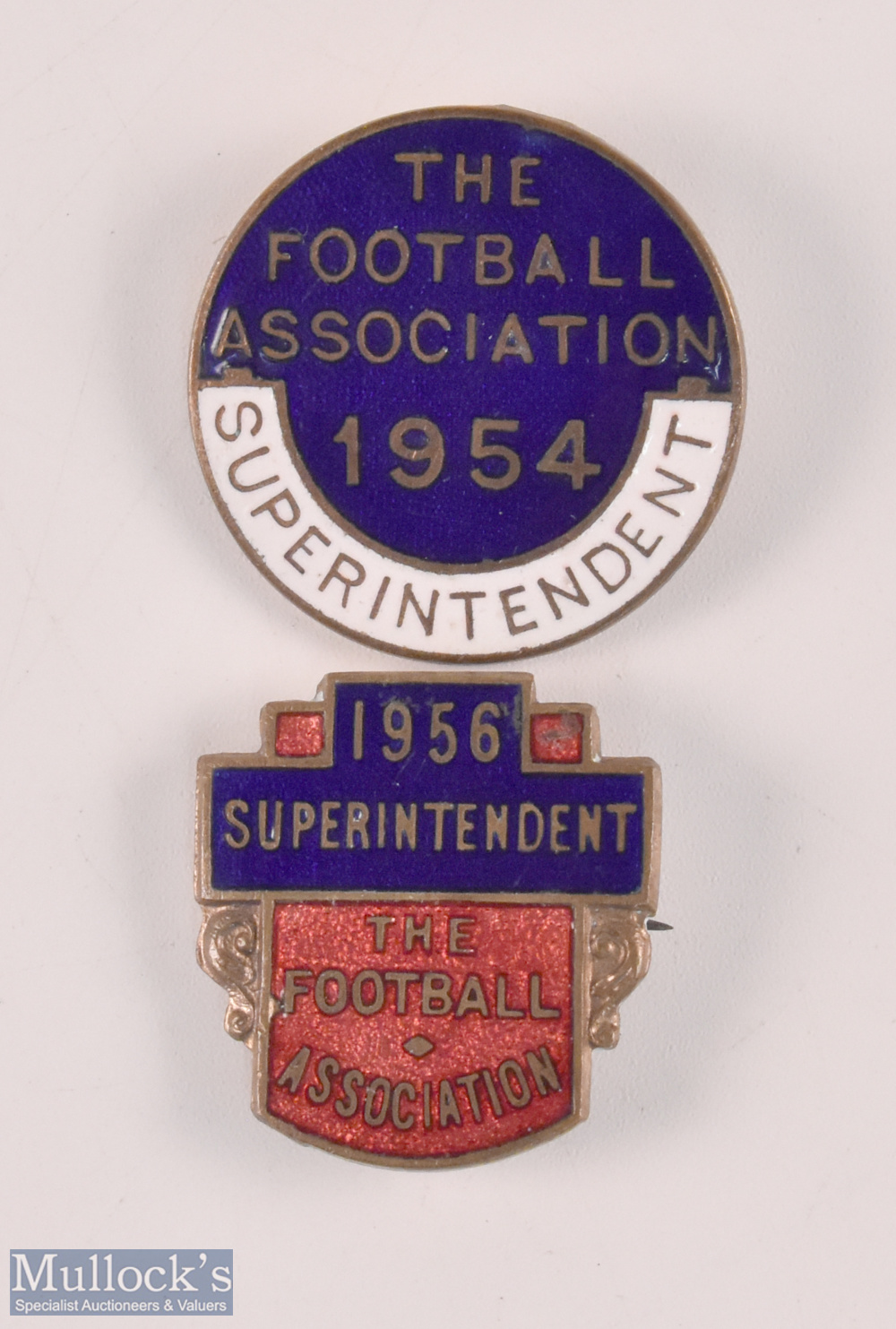 1954 + 1956 The FA Association Superintendent Enamel Badges (2)