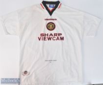 1996/98 Manchester United away football shirt in white, Umbro/Sharp Viewcam, size XL, short sleeve