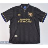 1993/95 Manchester United away football shirt in black, Umbro/Sharp Viewcam, size L, short sleeve