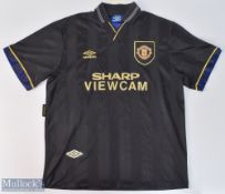 1993/95 Manchester United away football shirt in black, Umbro/Sharp Viewcam, size L, short sleeve