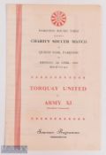 1953/54 Torquay Utd v Army XI Charity soccer match programme at Queens Park, Paignton 5th April
