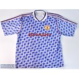 1990/92 Manchester United away football shirt in blue/white, Adidas/Sharp, faded Adidas label,