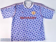 1990/92 Manchester United away football shirt in blue/white, Adidas/Sharp, faded Adidas label,